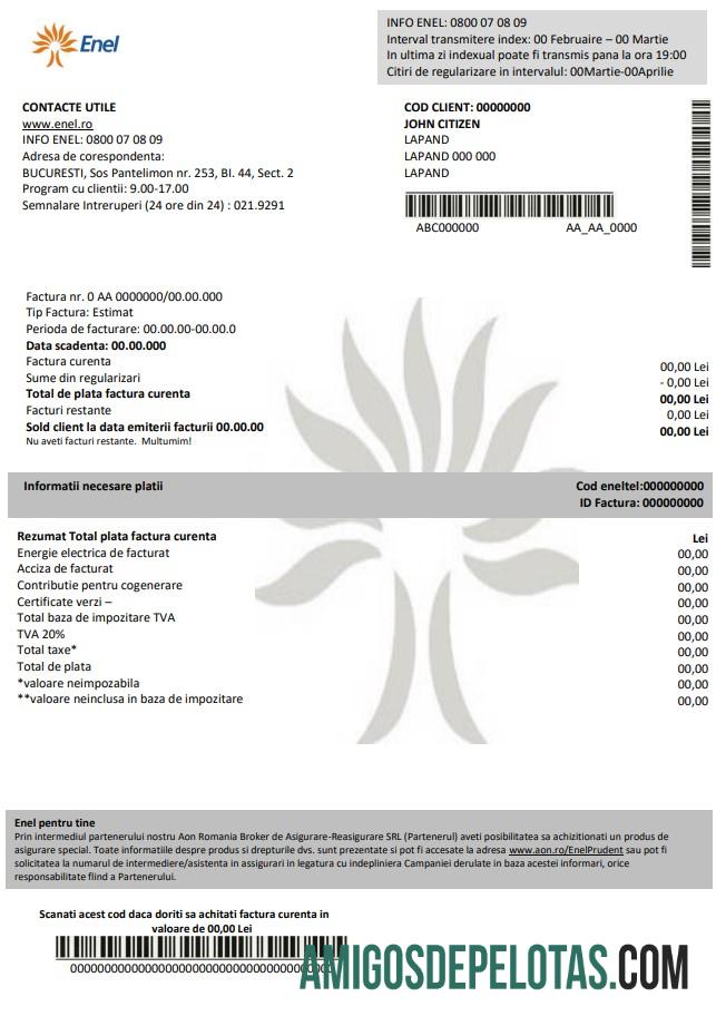 realista Modelo de comprovante de endereço de eletricidade da Romênia Enel em formato Word e PDF (.doc e .pdf)